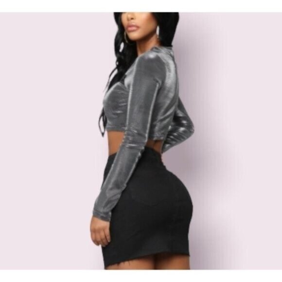 1X Ladies Crop Top Blouse Metallic Textured Zip Detail Long Sleeves Silver Black - Picture 5 of 10